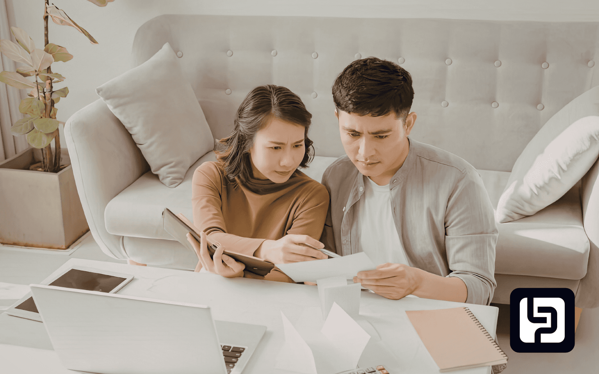 Couple reviewing family trust paperwork at home
